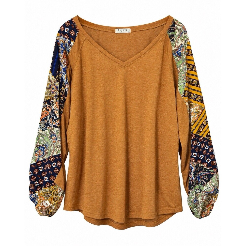 Beyove Womens XL Boho Top Brown Paisley Patchwork Long Sleeve V Neck Blouse